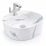 BERGAMO-M | Umywalka nablatowa, ceramiczna, biała, z wzorem marmuru, zaokrąglona