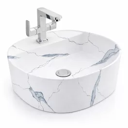 BERGAMO-M | Umywalka nablatowa, ceramiczna, biała, z wzorem marmuru, zaokrąglona