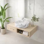 BERGAMO-M | Umywalka nablatowa, ceramiczna, biała, z wzorem marmuru, zaokrąglona
