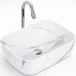 BERLIN-M | Umywalka nablatowa, ceramiczna, biała, z wzorem marmuru, prostokątna