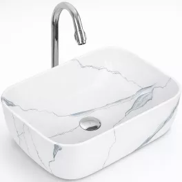 BERLIN-M | Umywalka nablatowa, ceramiczna, biała, z wzorem marmuru, prostokątna