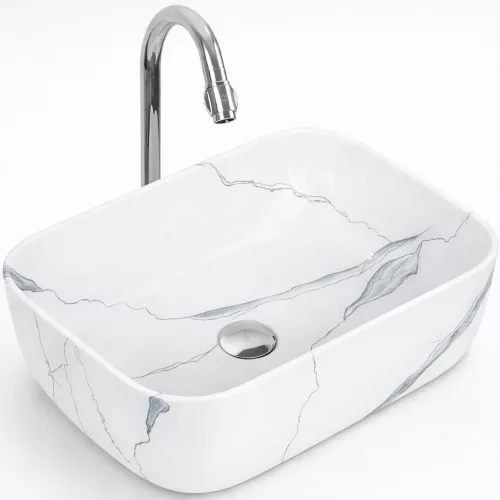 BERLIN-M | Umywalka nablatowa, ceramiczna, biała, z wzorem marmuru, prostokątna