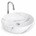 MERANO-M | Umywalka nablatowa, ceramiczna, biała, z wzorem marmuru, owalna