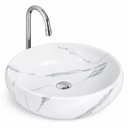 MERANO-M | Umywalka nablatowa, ceramiczna, biała, z wzorem marmuru, owalna
