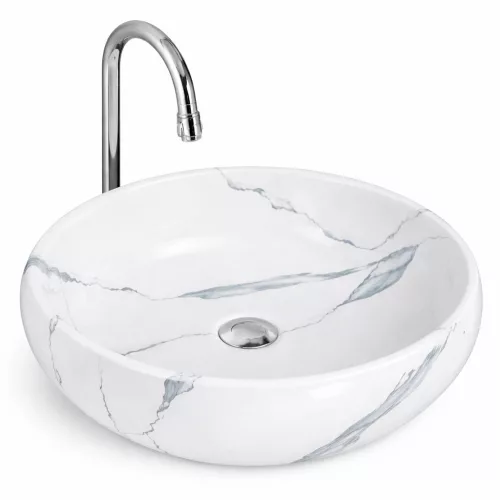 MERANO-M | Umywalka nablatowa, ceramiczna, biała, z wzorem marmuru, owalna