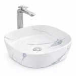 BERGAMO-M SLIM | Umywalka nablatowa, ceramiczna, biała, z wzorem marmuru, zaokrąglona