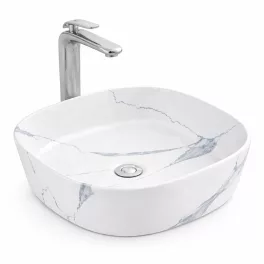 BERGAMO-M SLIM | Umywalka nablatowa, ceramiczna, biała, z wzorem marmuru, zaokrąglona