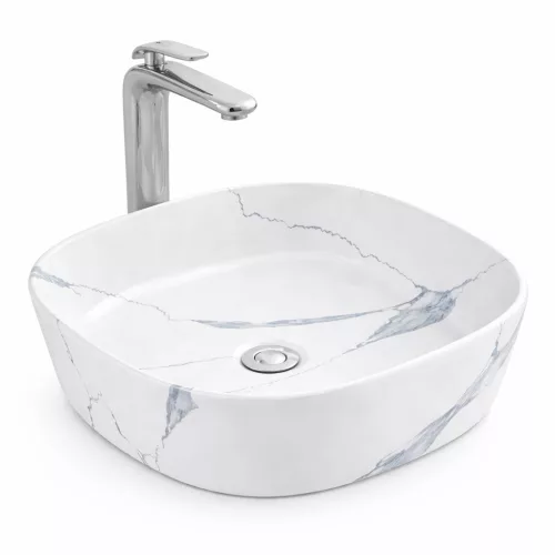 BERGAMO-M SLIM | Umywalka nablatowa, ceramiczna, biała, z wzorem marmuru, zaokrąglona