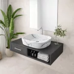BERGAMO-M SLIM | Umywalka nablatowa, ceramiczna, biała, z wzorem marmuru, zaokrąglona