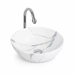 PARMA-M | Umywalka nablatowa, ceramiczna, biała, z wzorem marmuru, okrągła