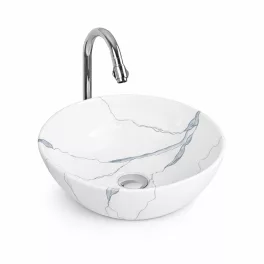 PARMA-M | Umywalka nablatowa, ceramiczna, biała, z wzorem marmuru, okrągła