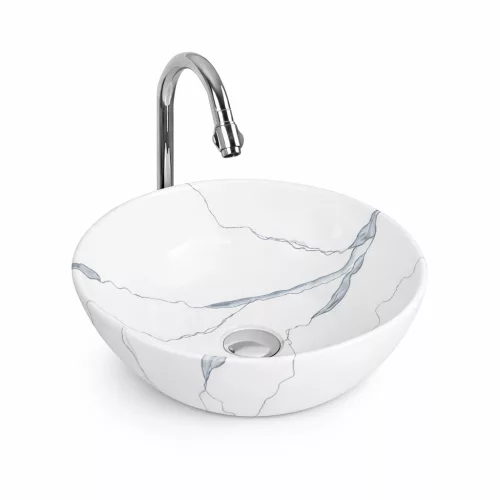 PARMA-M | Umywalka nablatowa, ceramiczna, biała, z wzorem marmuru, okrągła