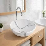 PARMA-M | Umywalka nablatowa, ceramiczna, biała, z wzorem marmuru, okrągła