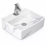 LINZ-M | Umywalka nablatowa, ceramiczna, biała, z wzorem marmuru, kwadratowa