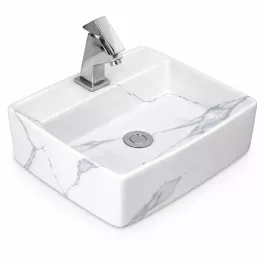 LINZ-M | Umywalka nablatowa, ceramiczna, biała, z wzorem marmuru, kwadratowa
