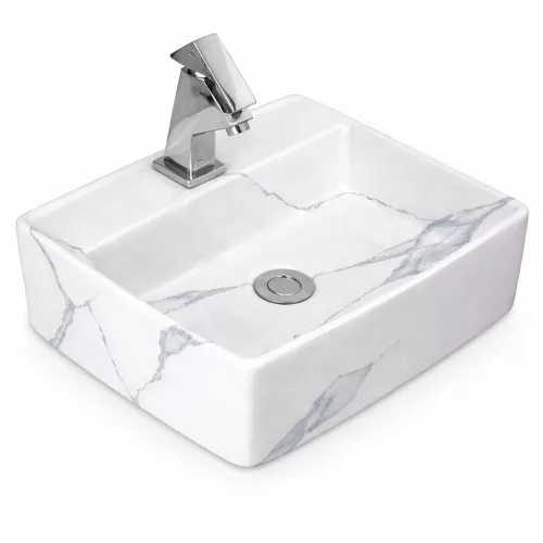 LINZ-M | Umywalka nablatowa, ceramiczna, biała, z wzorem marmuru, kwadratowa