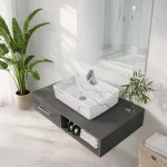 LINZ-M | Umywalka nablatowa, ceramiczna, biała, z wzorem marmuru, kwadratowa