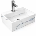 LEER-M | Umywalka nablatowa, ceramiczna, biała, z wzorem marmuru, kwadratowa