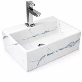 LEER-M | Umywalka nablatowa, ceramiczna, biała, z wzorem marmuru, kwadratowa