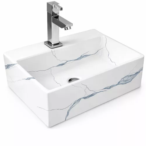 LEER-M | Umywalka nablatowa, ceramiczna, biała, z wzorem marmuru, kwadratowa
