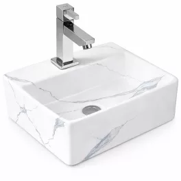 LAGE-M | Umywalka nablatowa, ceramiczna, biała, z wzorem marmuru, kwadratowa