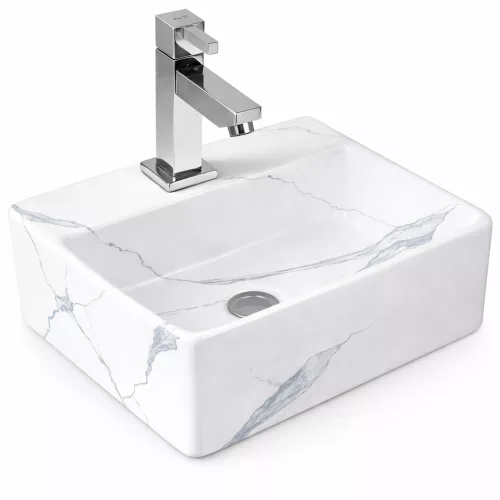 LAGE-M | Umywalka nablatowa, ceramiczna, biała, z wzorem marmuru, kwadratowa