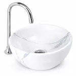 ASTI-M | Umywalka nablatowa głęboka, ceramiczna, biała, z wzorem marmuru, okrągła