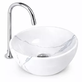 ASTI-M | Umywalka nablatowa głęboka, ceramiczna, biała, z wzorem marmuru, okrągła