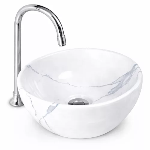 ASTI-M | Umywalka nablatowa głęboka, ceramiczna, biała, z wzorem marmuru, okrągła