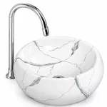 BARI-M | Umywalka nablatowa, ceramiczna, biała, z wzorem marmuru, okrągła