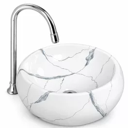 BARI-M | Umywalka nablatowa, ceramiczna, biała, z wzorem marmuru, okrągła