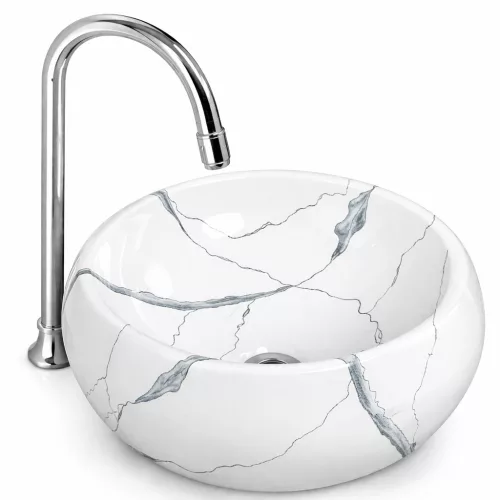 BARI-M | Umywalka nablatowa, ceramiczna, biała, z wzorem marmuru, okrągła