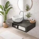 BARI-M | Umywalka nablatowa, ceramiczna, biała, z wzorem marmuru, okrągła