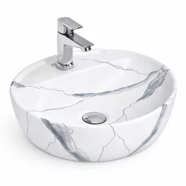 MONTERO-M 40 | Umywalka nablatowa, ceramiczna, biała, z wzorem marmuru, zaokrąglona