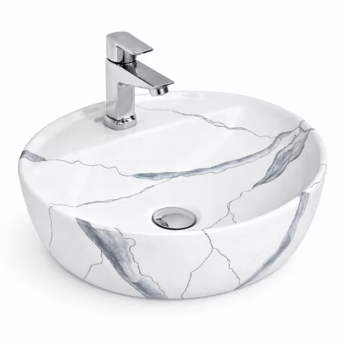 MONTERO-M 40 | Umywalka nablatowa, ceramiczna, biała, z wzorem marmuru, zaokrąglona