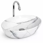 MONACO-M | Umywalka nablatowa, ceramiczna, biała, z wzorem marmuru, owalna