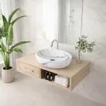 MONACO-M | Umywalka nablatowa, ceramiczna, biała, z wzorem marmuru, owalna