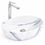 LIGNANO-M | Umywalka nablatowa, ceramiczna, biała, z wzorem marmuru, owalna