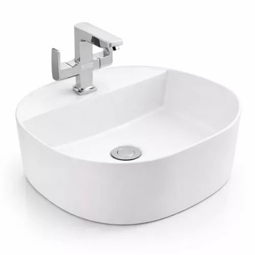 BERGAMO | Umywalka nablatowa, ceramiczna, biała, zaokrąglona